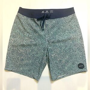 RVCA Industry Men’s board shorts, size 34, 19.5” length from waistband down leg.